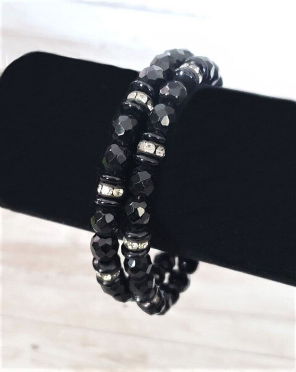 Vintage Bracelet Black Faceted Gem with Clear Gems Wrap Bracelet